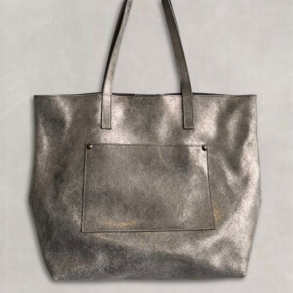 Garnet Hill Leather Tote Functional Pockets Suede Interior Shimmering Gray W L - Picture 1 of 12